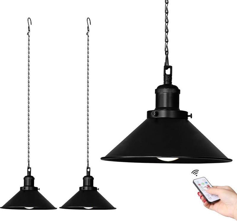 Bailoch 2 Pack Black Portable Battery Operated Hanging Lights, Rechargeable Wireless Outdoor Pendant Light with Remote, Battery Powered Chandelier Lantern Fixture for Indoor Outdoor Gazebo Porch Patio - Image 1